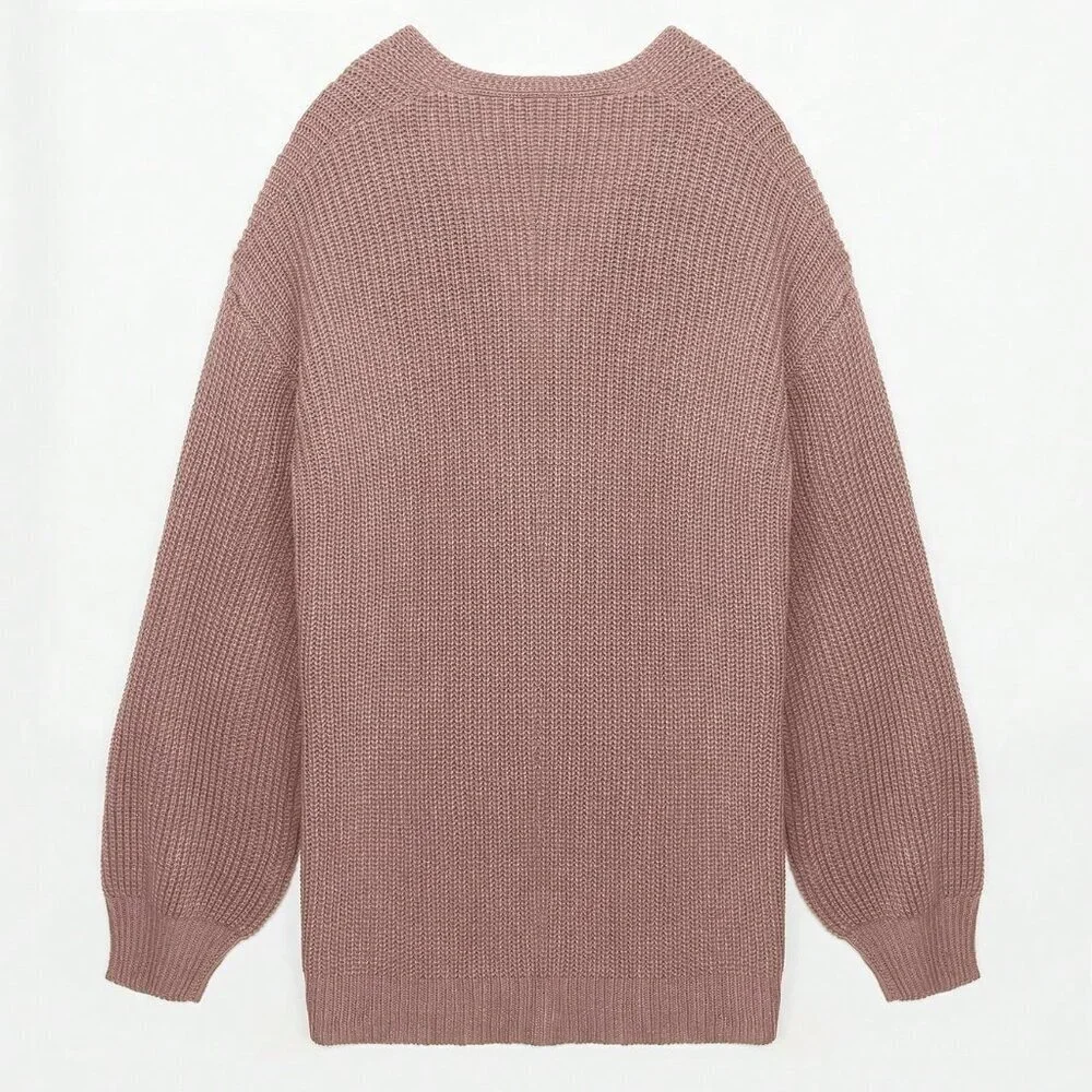 Pink Casual Women's Solid Color Lantern Sleeve Cardigan - Picture 5 of 8